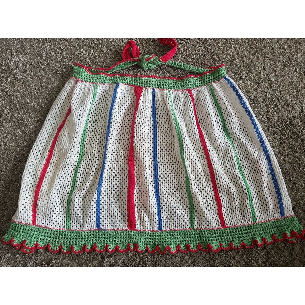 Vintage Crochet Apron Vertical Stripes white, red, green, blue.